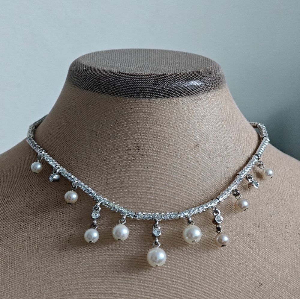 Elegant Signed Carolee Silver Tone Dangling Pearls & Sparkly Crystals Necklace